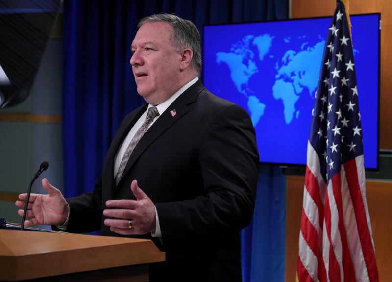 FILE PHOTO: U.S. Secretary of State Mike Pompeo speaks during a news conference at the State Department in Washington, U.S., July 8, 2020. REUTERS/Tom Brenner/Pool - RC22PH96TSXD/File Photo