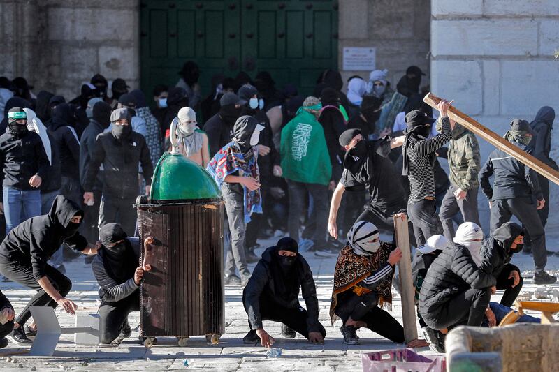 Palestinian demonstrators at Al Aqsa Mosque compound in Jerusalem. AFP