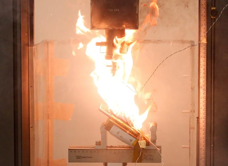 A Samsung Note 7 phone catches fire during a test at the Applied Energy Hub battery laboratory in Singapore. The fault spurred the company to stop making its headline gadget just after it was launched. Edgar Su / Reuters