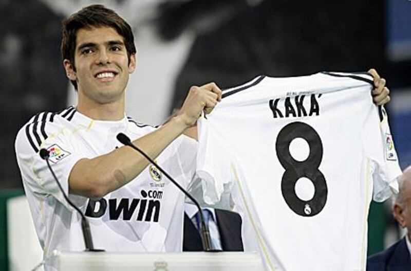 Kaka, the Brazilian playmaker, reveals to 50,000 Real Madrid fans what shirt number he will be wearing next season for the club at the Bernabau Stadium.