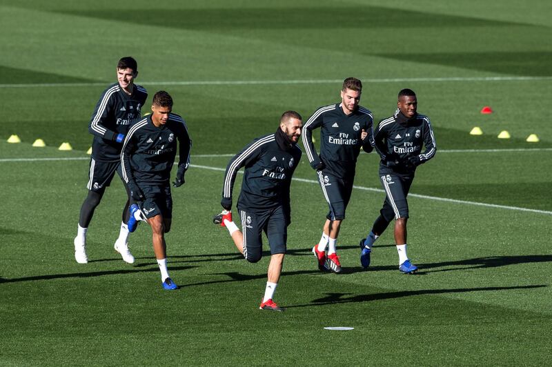 Thibaut Courtois, Raphael Varane, Karim Benzema and Vinicius Jr take part in a training session ahead of Real Madrid's La Liga clash with Eibar on Saturday. EPA