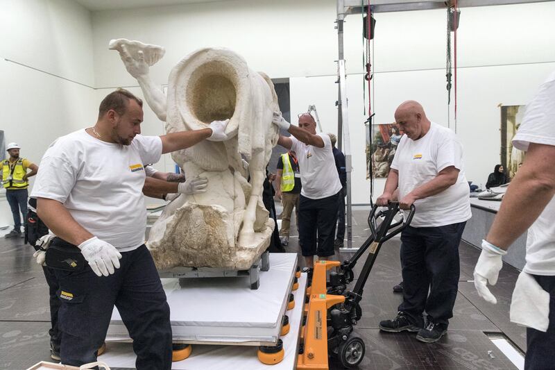 Abu Dhabi, United Arab Emirates, September 12, 2017:    Installation of the, Apollo's horses groomed by two tritons, Gilles Gu��rin, c.1670, statue at the Louvre Abu Dhabi on Saadiyat Island in Abu Dhabi on September 12, 2017. Christopher Pike / The National

Reporter: Nick Leech
Section: News