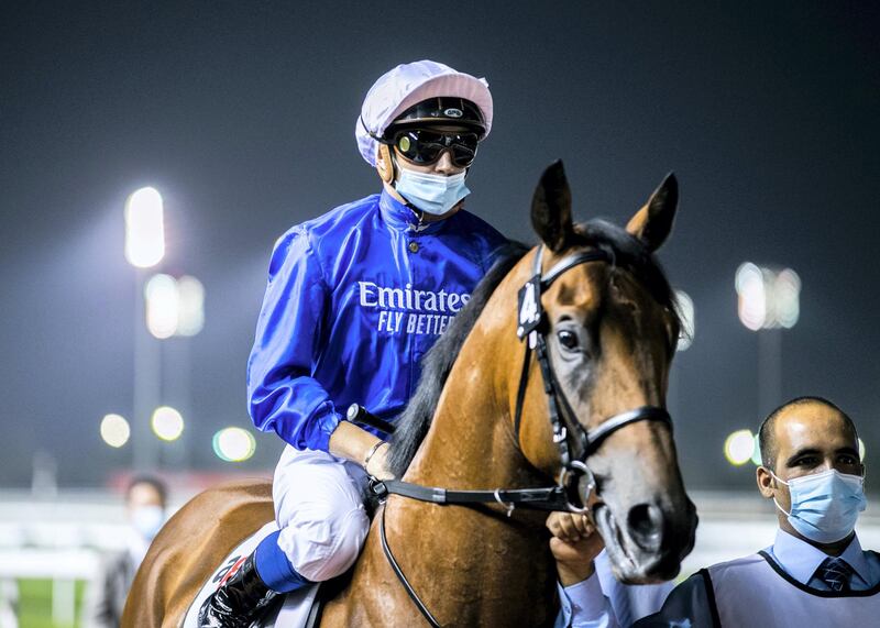 DUBAI, UNITED ARAB EMIRATES. 25 FEBRUARY 2021. 
Jockey Mickael Barzalona on Naval Crown (GB) minutes before he won the Meydan Classic race,  1200M Turf, at Meydan Racecourse.

NAVAL CROWN (GB)
3 yrs. Bay C (21 days since last race)
Owner:Godolphin
Breeder:Godolphin
Trainer: Charlie Appleby

Photo: Reem Mohammed / The National
Reporter: Amith Passala
Section: SP