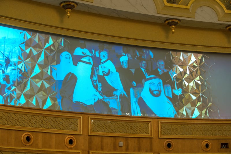 A projection shows the UAE's leaders including the Founding Father, the late Sheikh Zayed bin Sultan Al Nahyan, and Sheikh Mohammed bin Rashid, now Vice President and Ruler of Dubai. 