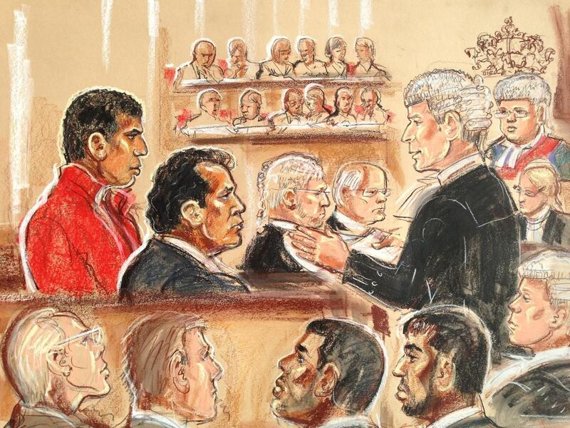 Philip Spence, in red, and Neofitos “Thomas” Efremi in court. Spence has been found guilty of the attempted murder of three Emirati sisters in a London hotel with a hammer. Illustration credit: Priscilla Coleman / MB Media for The National