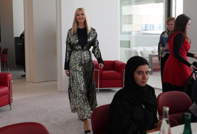 US President Adviser Ivanka Trump arrives for a roundtable meeting with UAE women entrepreneurs at the Louvre Museum in Abu Dhabi. AP