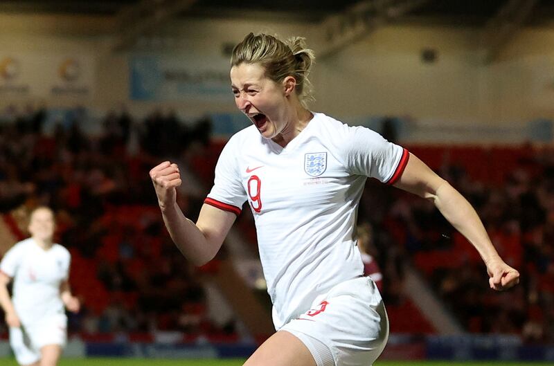 England's Ellen White celebrates scoring their third goal and her second to break Kelly Smith’s record and become the national team’s all-time top scorer. Reuters