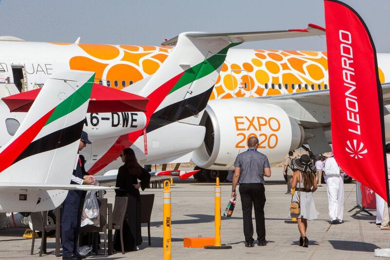 Dubai, United Arab Emirates- Emirates expo 2020 plane on display at the Dubai Airshow 2019 day 2 at Maktoum Airport.  Leslie Pableo for the National