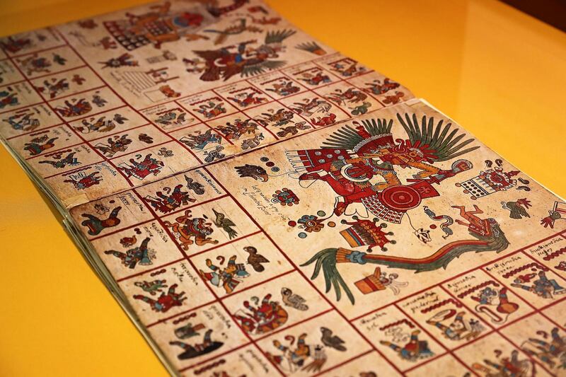 ABU DHABI ,  UNITED ARAB EMIRATES , May 13 – 2019 :- Ancient Mexican artefacts called Codices of Mexico: The Old Books of the New World on display at Qasr Al Watan Library in Abu Dhabi. This one is Codex Borbonicus , Facsimile of the original , Amate paper and pigments. ( Pawan Singh / The National ) For Arts & Life. Story by Katy Gillett