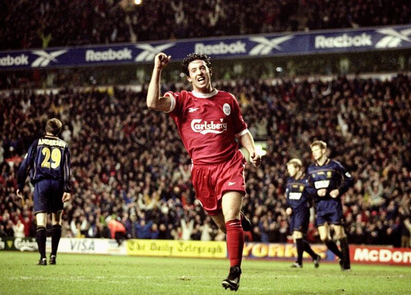 28 Dec 1999:  Robbie Fowler of Liverpool scores on his comeback from injury during the FA Carling Premiership match against Wimbledon at Anfield in Liverpool, England. Liverpool won 3-1. \ Mandatory Credit: Alex Livesey /Allsport / Getty Images