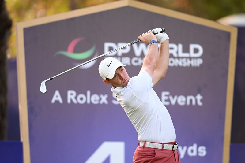 Rory McIlroy plays his tee shot on the fourth hole during the Rolex Pro-AM in the build-up to the DP World Tour Championship on the Earth Course at Jumeirah Golf Estates in Dubai on November 15, 2022. Getty