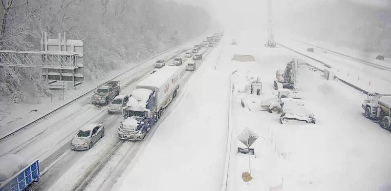 Vehicles are stranded on an icy stretch of Interstate 95 after a storm blanketed the eastern US with snow. Photo: Virginia Department of Transport