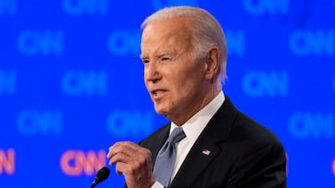President Joe Biden speaks during the debate in Atlanta, Georgia. AP