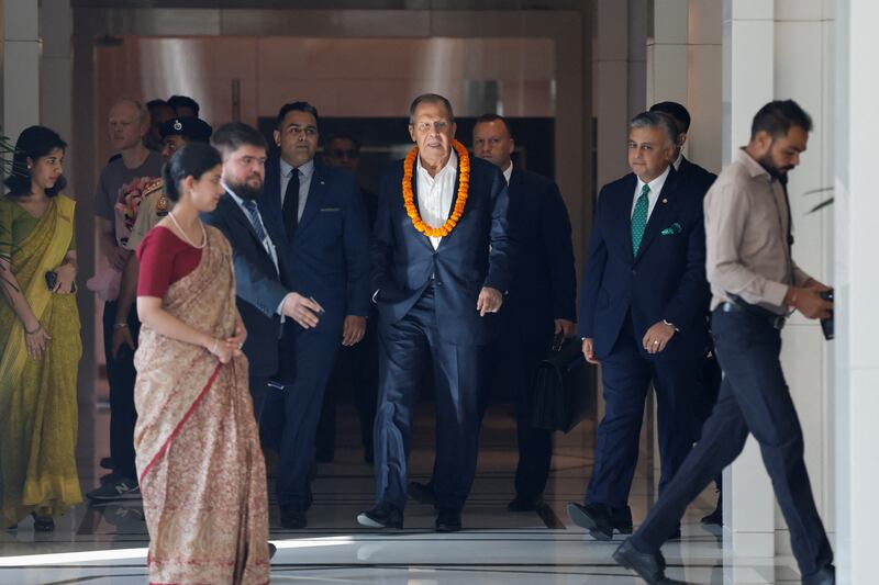 Russian Foreign Minister Sergey Lavrov at his hotel ahead of the G20 summit in New Delhi. Reuters 