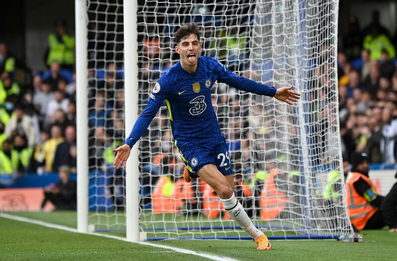 LONDON, ENGLAND - MARCH 13: Kai Havertz of Chelsea celebrates after scoring their sides first goal during the Premier League match between Chelsea and Newcastle United at Stamford Bridge on March 13, 2022 in London, England. (Photo by Justin Setterfield / Getty Images)