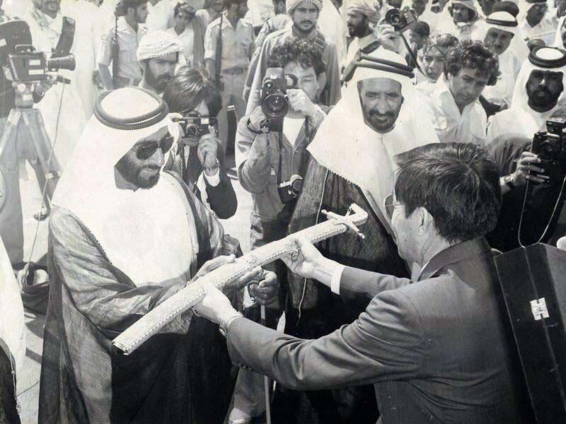 UAE Founding Father, the late Sheikh Zayed bin Sultan Al Nahyan is presented with a sword during his visit to Delma Island in April 1981. Photo: Wam