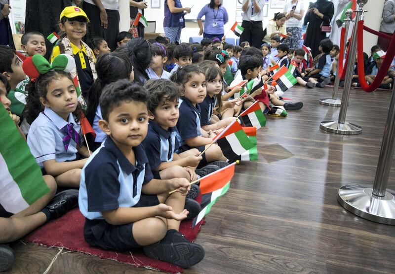 DUBAI, UNITED ARAB EMIRATES - Students from Gems Royal Dubai School speaking at UAE flag day.  Leslie Pableo for The National fro Anam Rizvi’s story