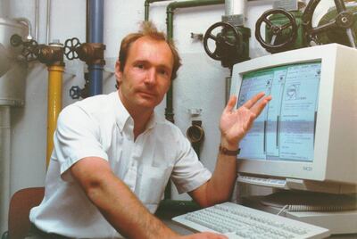Sir Tim Berners-Lee shows off an early web page created at the European Particle Physics Laboratory, or CERN. Image courtesy of Sotheby's