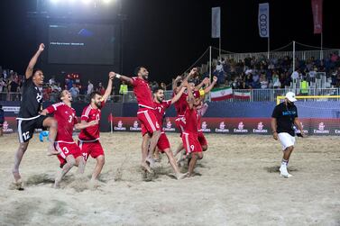 UAE celebrate their dramatic win over Japan during the Intercontinental Beach Soccer Cup at Kite Beach. Leslie Pableo/The National