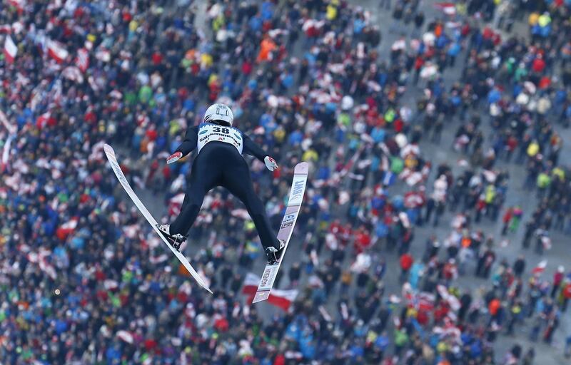 Norway's Daniel Andre Tande soars through the air during the first round jump of the Ski Flying World Championships at the Kulm, Bad Mitterndorf, Austria. Erwin Scheriau / AFP