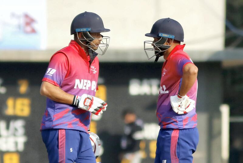 Sharad Vesawkar and Binod Bhandari during CWC L2 match between Nepal and Oman in TU Stadiu on 5th Feb 2020 in Kathmandu, Nepal