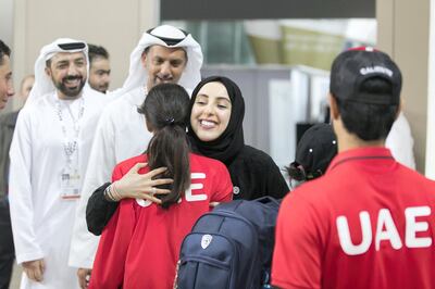 ABU DHABI, UNITED ARAB EMIRATES - MARCH 18, 2018.

Shamma Al Mazrui, Minister of State for Youth Affairs, greets Emirati athletes at IX MENA Special Olympic games held at Abu Dhabi National Exhibition Center.


(Photo: Reem Mohammed/ The National)

Reporter:  Ramola Talwar
Section:  SP