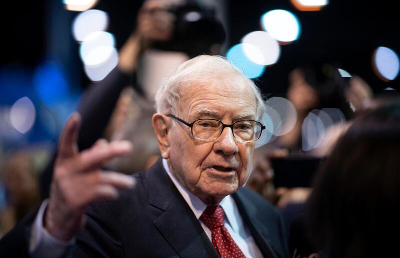 Warren Buffett, CEO of Berkshire Hathaway, speaks to the press as he arrives at the 2019 annual shareholders meeting in Omaha, Nebraska, May 4, 2019. (Photo by Johannes EISELE / AFP)