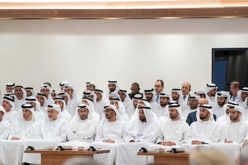 ABU DHABI, UNITED ARAB EMIRATES - May 29, 2019: (R-L) HH Sheikh Nahyan bin Saif bin Mohamed Al Nahyan, HE Staff Major General Faris Khalaf Al Mazrouei, Chairman of the UAE Critical Infrastructure and Coastal Protection Authority, HH Sheikh Mohamed bin Hamad bin Tahnoon Al Nahyan, Mohamed bin Badowah Al Darmaki، HE Hussain Ibrahim Al Hammadi, UAE Minister of Education, HE Awaidha Murshed Al Murar, Chairman of the Department of Energy and Abu Dhabi Executive Council Member, HE Riyad Abdulrahman Al Mubarak, Chairman of the Abu Dhabi Department of Finance and Abu Dhabi Executive Council Member and HE Dr Thani Al Zeyoudi, UAE Minister for Climate Change and Environment, attend a lecture by Dr Pavan Sukhdev (not shown) titled: ”Redefining wealth for an economy of performance", at Majlis Mohamed bin Zayed.

( Mohamed Al Hammadi / Ministry of Presidential Affairs )
---