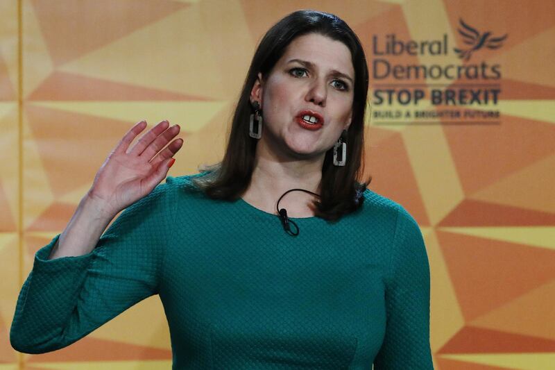 Jo Swinson, leader of the Liberal Democrats party, speaks during the launch of the party's general election manifesto in London, U.K., on Wednesday, Nov. 20, 2019. As well as stopping the U.K.'s departure from the EU, the party will pledge to ensure 80% of energy comes from renewable sources by 2030, recruit 20,000 more teachers and upgrade mental health provision in the National Health Service, it said. Photographer: Luke MacGregor/Bloomberg