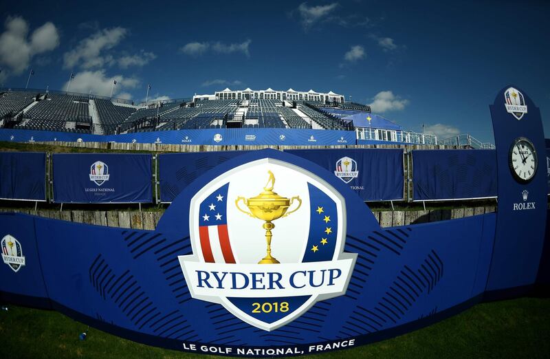 This photograph shows The Ryder Cup Logo with spectator stands on September 19, 2018, at Golf National in Guyancourt, near Paris where the biennial men's golf competition, the Ryder Cup will take place in September with Thomas Bjørn set to lead Europe against Jim Furyk's United States.  / AFP / FRANCK FIFE
