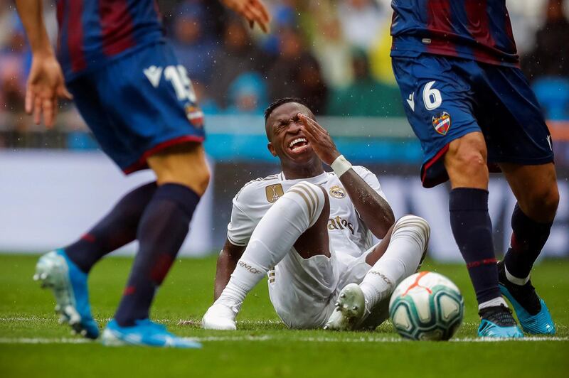 Real Madrid's Vinicius Jr reacts after being fouled. EPA