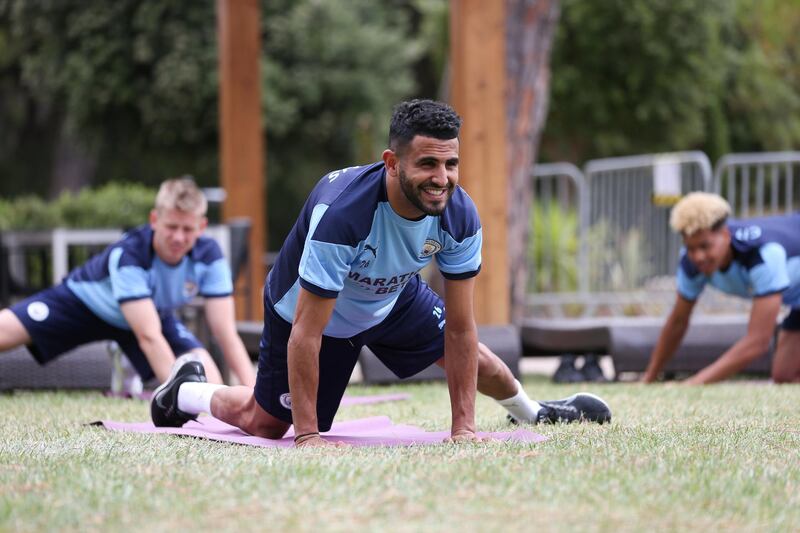LISBON, PORTUGAL - AUGUST 11: Riyad Mahrez of Manchester City takes part in a stretching session in the build up to the UEFA Champions League Quarter Final match at the team hotel on August 11, 2020 in Lisbon, Portugal. (Photo by Victoria Haydn/Manchester City FC via Getty Images)