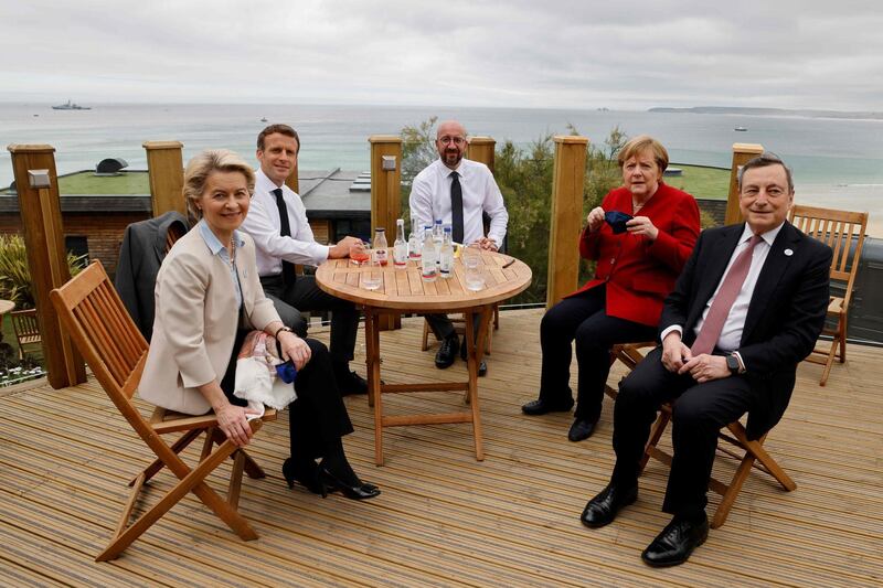 President of the European Commission Ursula von der Leyen, France's President Emmanuel Macron, President of the European Council Charles Michel, Germany's Chancellor Angela Merkel and Italy's Prime Minister Mario Draghi take part in an EU meeting. AFP