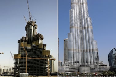 Burj Khalifa under construction in May 2006, and then in April 2021. Source: Brent Stirton / Getty, Chris Whiteoak / The National