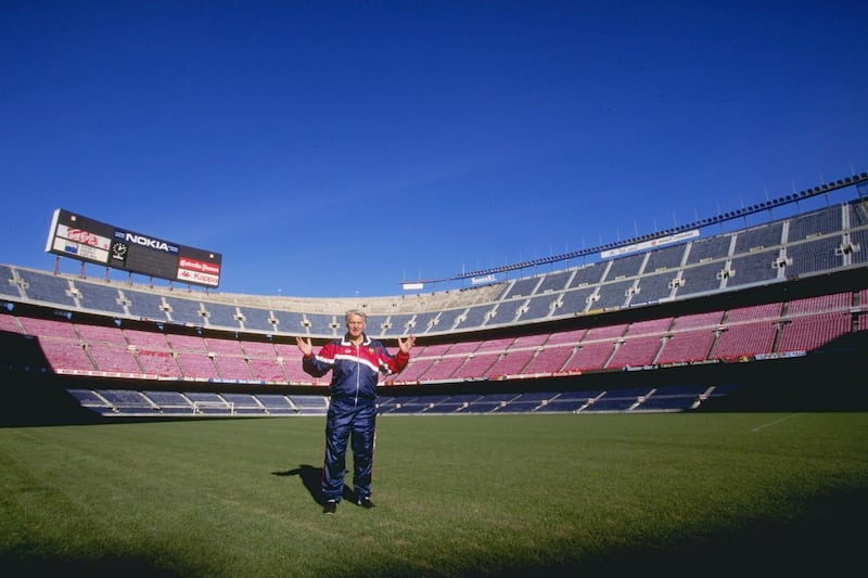 Bobby Robson is presented as the Barcelona manager in 1996 at the Camp Nou Stadium. Getty Images