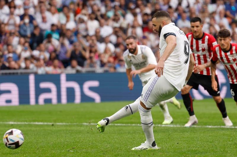 Real Madrid's striker Karim Benzema scores from the penalty spot to make it 1-1 against Athletic Club at the Bernabeu in Madrid, Spain, 04 June 2023. EPA 