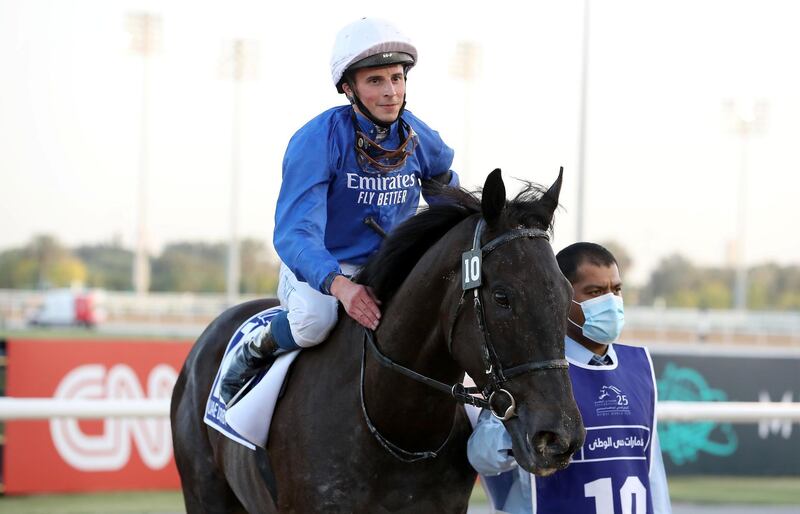 DUBAI , UNITED ARAB EMIRATES , MARCH 27  – 2021 :-    REBEL’S ROMANCE  (IRE) ridden by  WILLIAM BUICK ( no 10 ) won the 5th horse race UAE Derby 1900m Dirt   during the Dubai World Cup held at Meydan Racecourse in Dubai. ( Pawan Singh / The National ) For News/Sports/Instagram/Big Picture. Story by Amith