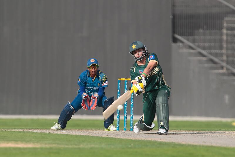 Sharjah, United Arab Emirates - January 9, 2015.  Sana Mir ( no 5 of Pakistan ) bats against Sri Lanka at their ongoing One Day International cricket match.  ( Jeffrey E Biteng / The National )  Editor's Note; Paul R reports. *** Local Caption ***  JB090115-WCricket08.jpg