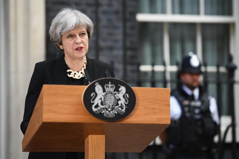 British prime minister Theresa May makes a public statement, following a Cobra meeting in response to the terror attack in London on June 3, 2017. Mrs May left the election campaign trail to hold a meeting of the emergency response committee, Cobra, after 7 people were killed and at least 48 injured. Leon Neal/Getty Images