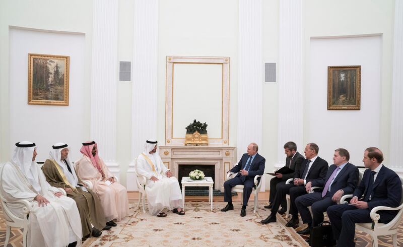 MOSCOW, RUSSIA - June 01, 2018: HH Sheikh Mohamed bin Zayed Al Nahyan, Crown Prince of Abu Dhabi and Deputy Supreme Commander of the UAE Armed Forces (4th L), meets HE Vladimir Putin Vladimirovich, President of Russia (5th R), at the Kremlin Palace. Seen with HE Khaldoon Khalifa Al Mubarak, CEO and Managing Director Mubadala, Chairman of the Abu Dhabi Executive Affairs Authority and Abu Dhabi Executive Council Member (L), HE Dr Anwar bin Mohamed Gargash, UAE Minister of State for Foreign Affairs (2nd L), HH Sheikh Tahnoon bin Zayed Al Nahyan, UAE National Security Advisor (3rd L), HE Sergey Lavrov Minister of Foreign Affairs of Russia (3rd R) and HE Denis Manturov, Minister of Industry and Trade of Russia (R).

( Mohamed Al Hammadi / Crown Prince Court - Abu Dhabi )
---