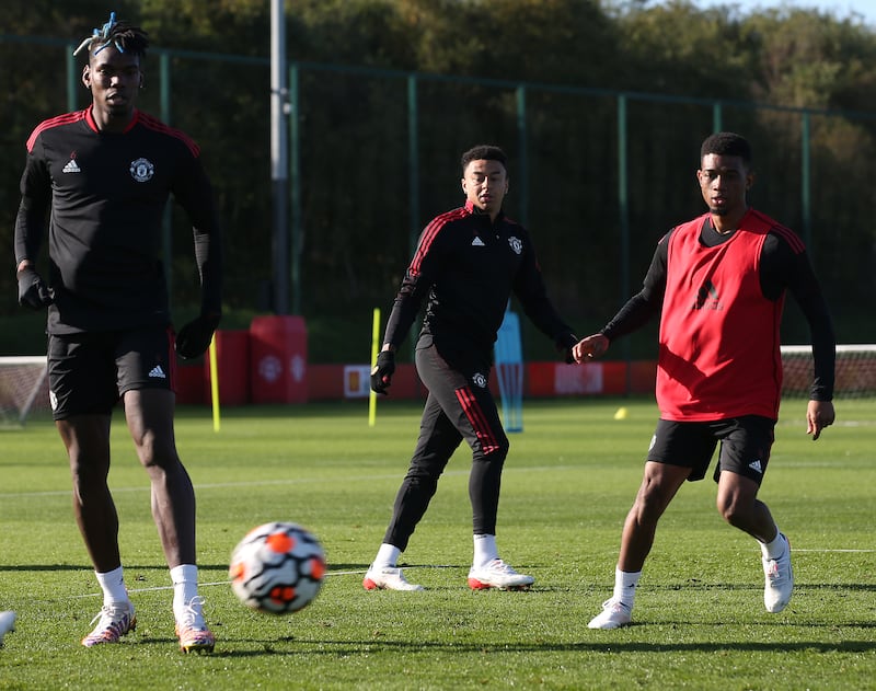 Paul Pogba, Jesse Lingard and Amad train for Manchester United's weekend clash with Liverpool.