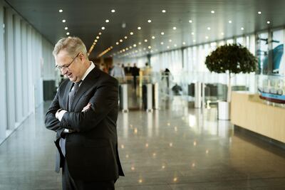 Soren Skou, chief executive officer of A.P. Moeller-Maersk A/S, speaks with members of the media following a Bloomberg Television interview in Copenhagen, Denmark, on Friday, Feb. 9, 2018. Skou said the global economic outlook was promising and indicated demand in the shipping freight industry will continue to improve. Photographer: Carsten Snejbjerg/Bloomberg