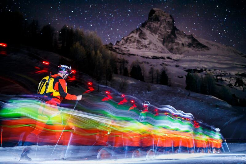 Competitors ski in front of the Matterhorn at the start of the 21st Glacier Patrol race in Stafel outside the ski resort of Zermatt, Switzerland.  Valentin Flauraud / Keystone via AP