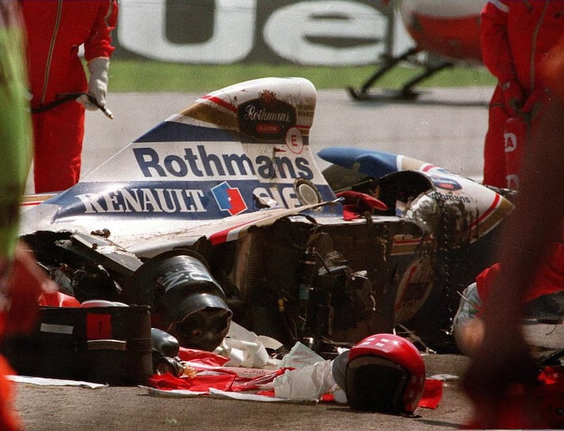 An image of Ayrton Senna's Williams car after Senna's fatal crash at the San Marino Grand Prix on May 1, 1994. Jean-Loup Gautreau / AFP