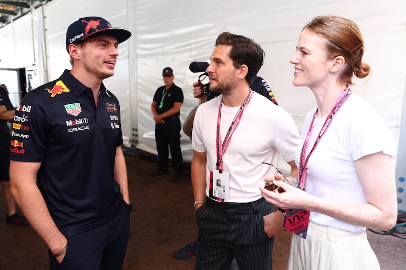 Max Verstappen with 'Games of Thrones' stars Rose Leslie and Kit Harington at the Monaco Grand Prix on Sunday, May 29, 2022. Getty