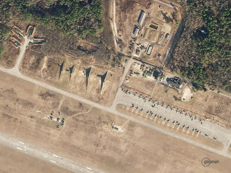 Russian aircraft on the ground at Luninets Airbase, Belarus, about 50 kilometres north of the Ukrainian border. AFP