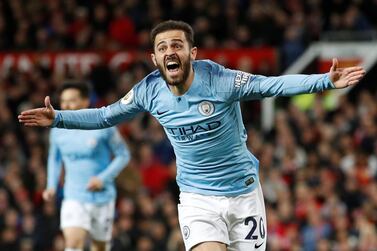 Soccer Football - Premier League - Manchester United v Manchester City - Old Trafford, Manchester, Britain - April 24, 2019 Manchester City's Bernardo Silva celebrates scoring their first goal Action Images via Reuters/Carl Recine EDITORIAL USE ONLY. No use with unauthorized audio, video, data, fixture lists, club/league logos or 'live' services. Online in-match use limited to 75 images, no video emulation. No use in betting, games or single club/league/player publications. Please contact your account representative for further details. TPX IMAGES OF THE DAY