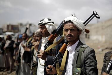 Tribal supporters of Houthi rebels carry their weapons during a gathering to mobilise more fighters into battlefronts against government forces, in Sanaa, Yemen, 16 March 2019. EPA