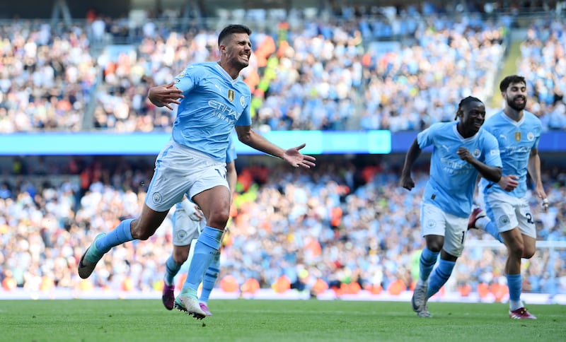 Rodri of Manchester City celebrates scoring his team's third goal. Getty Images