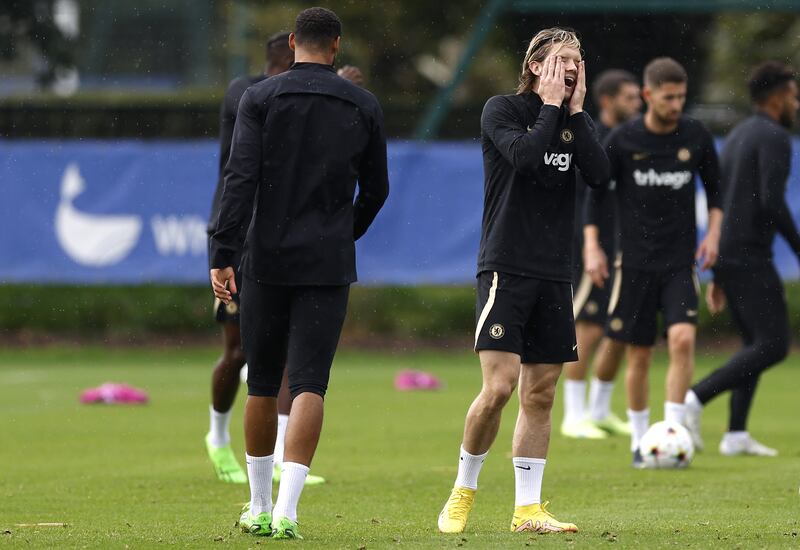 Chelsea's Conor Gallagher, right, during training session at Cobham. PA